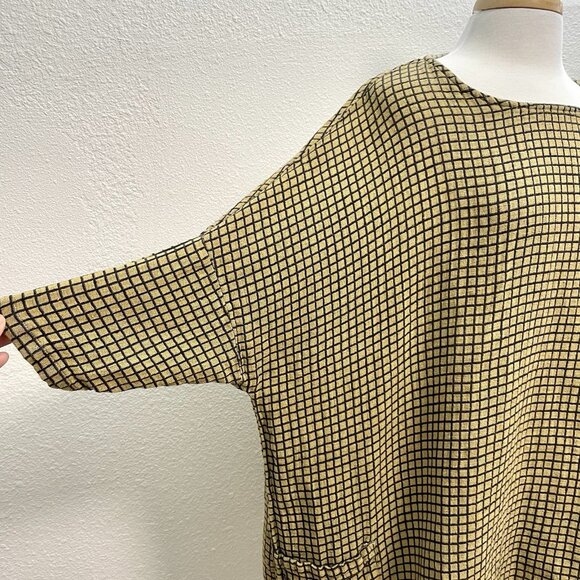 CUT LOOSE Linen Blend Boxy Check Pattern Slouchy Top Pockets Gold Black One Size - Picture 3 of 9